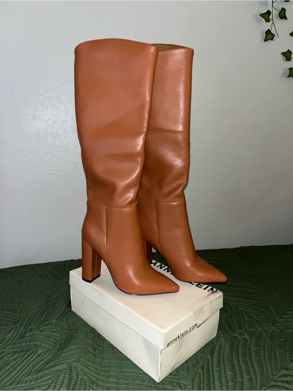 Tall Pointed Toe Block Heel Boots in Cognac